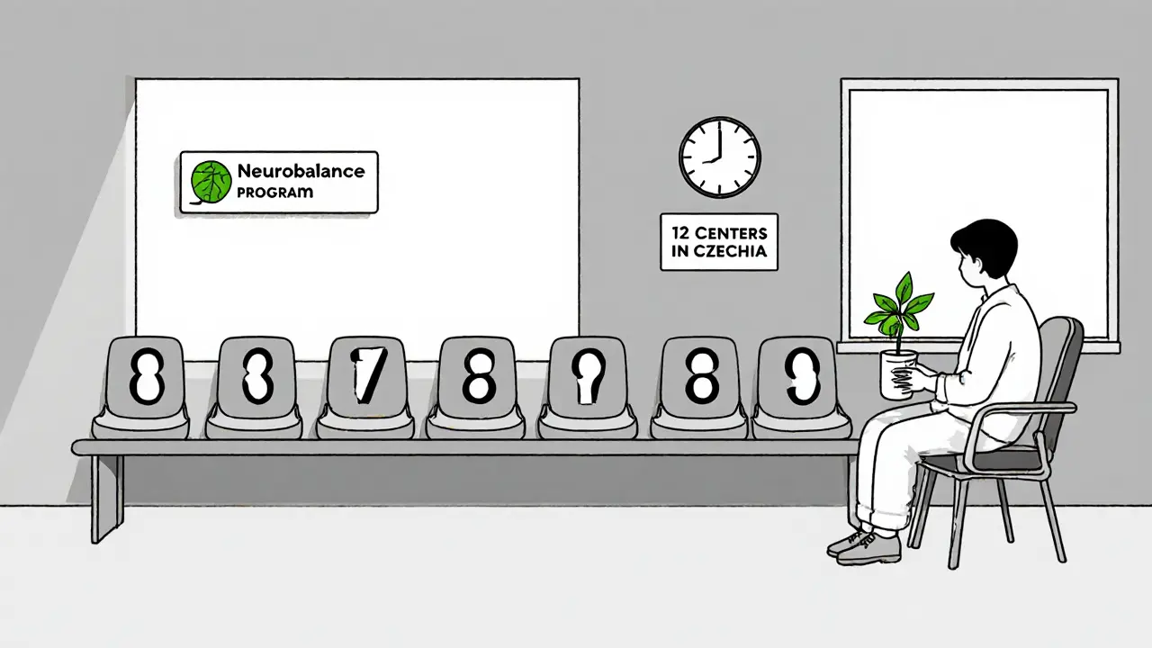 Prázdná čekárna s 11 židlemi, poslední obsazená, symbolizující dlouhou čekací dobu léčby.