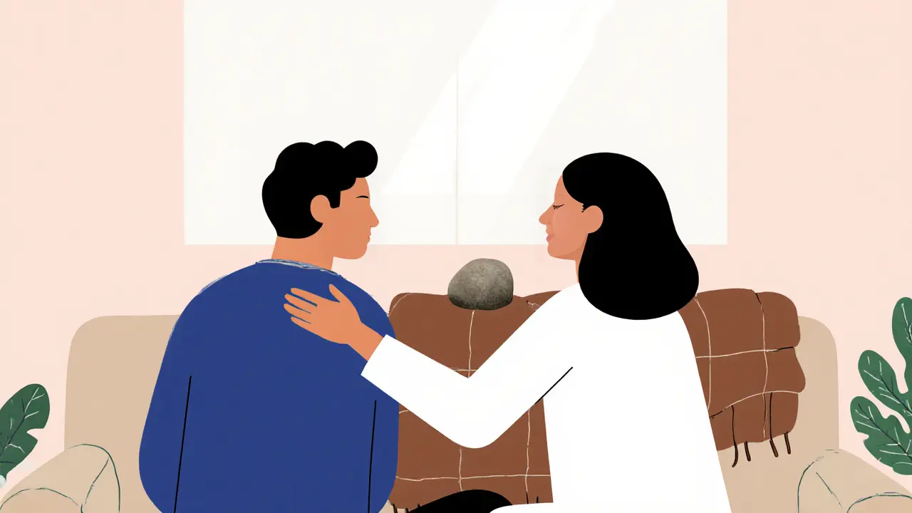 Terapeut a klient sedí vedle sebe, nevidí se do očí, mezi nimi je klidný předmět symbolizující bezpečí a důvěru.