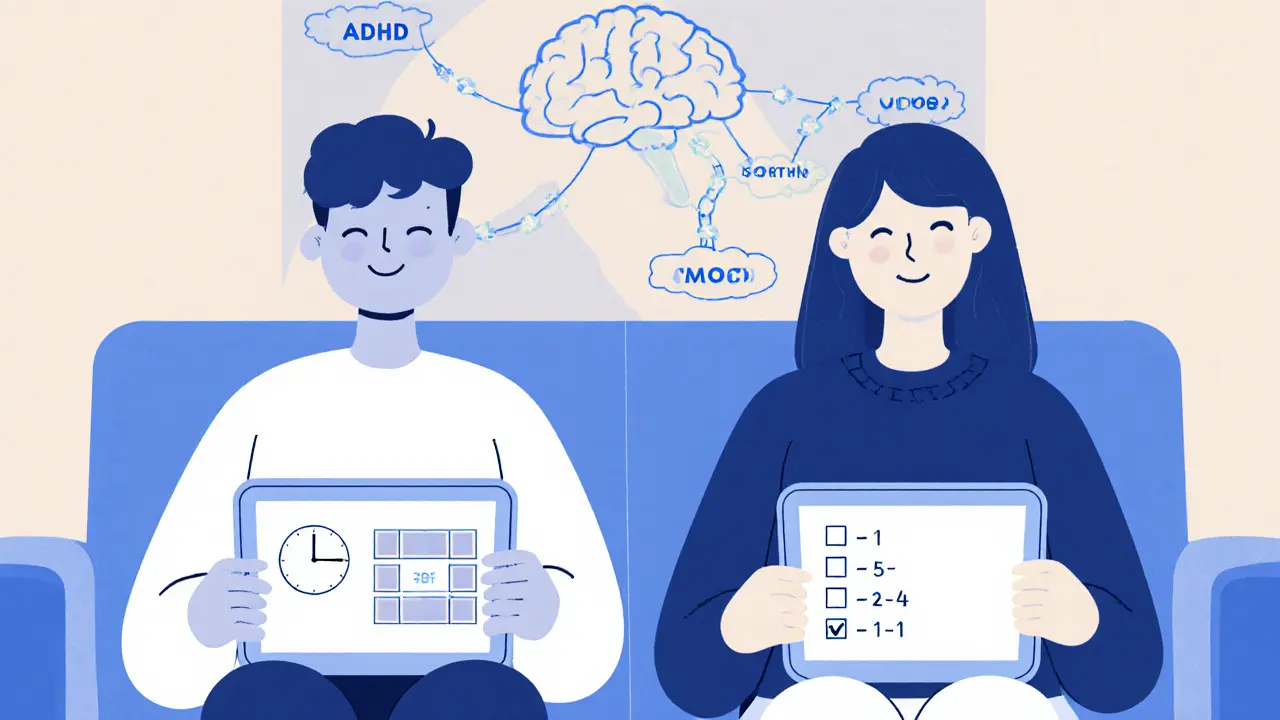 Terapeut a pacient společně sledují digitální nástroj pro organizaci a uklidnění.