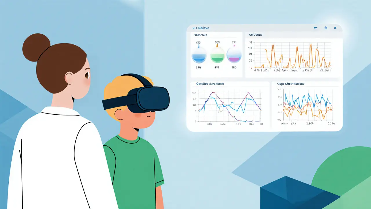 Terapeut sleduje biometrická data dítěte během VR terapie.