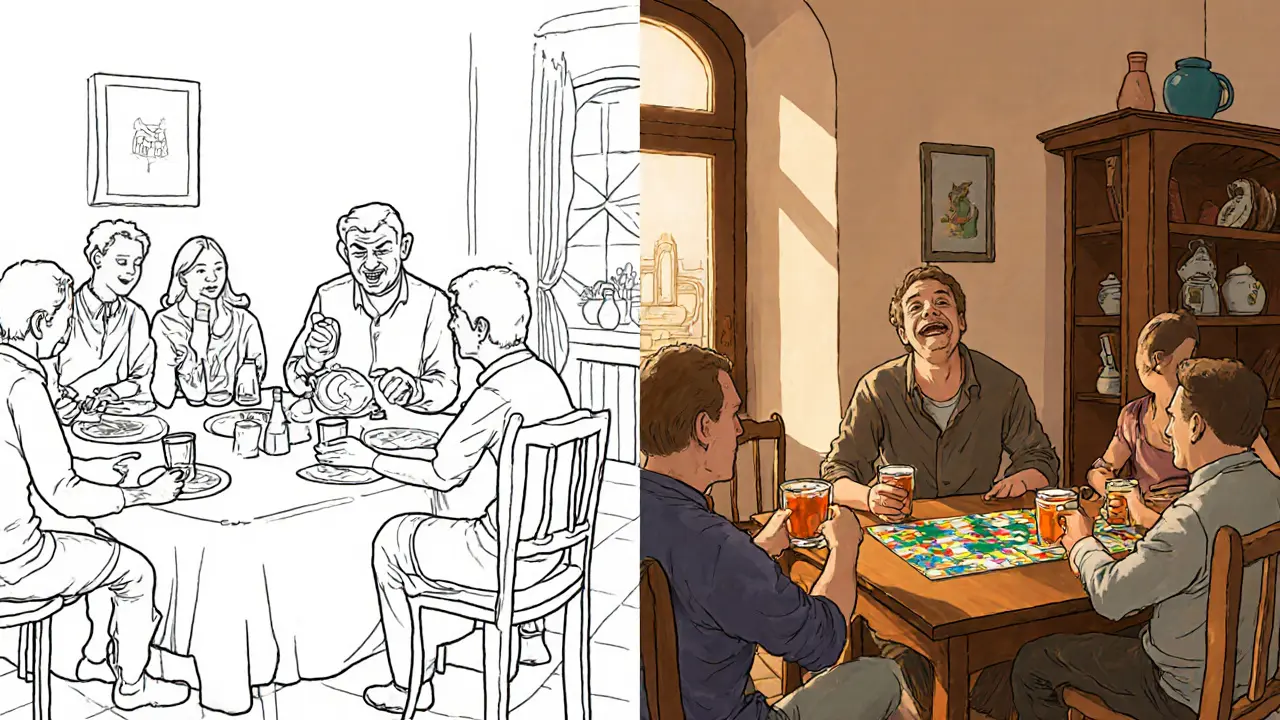 Rozdělený scénář: napětí u večeře vs. radostná hra s novými přáteli s čajem.