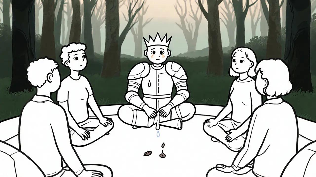 Skupinová terapie, kde jedna postava s korunou postupně ztrácí svou obranu.