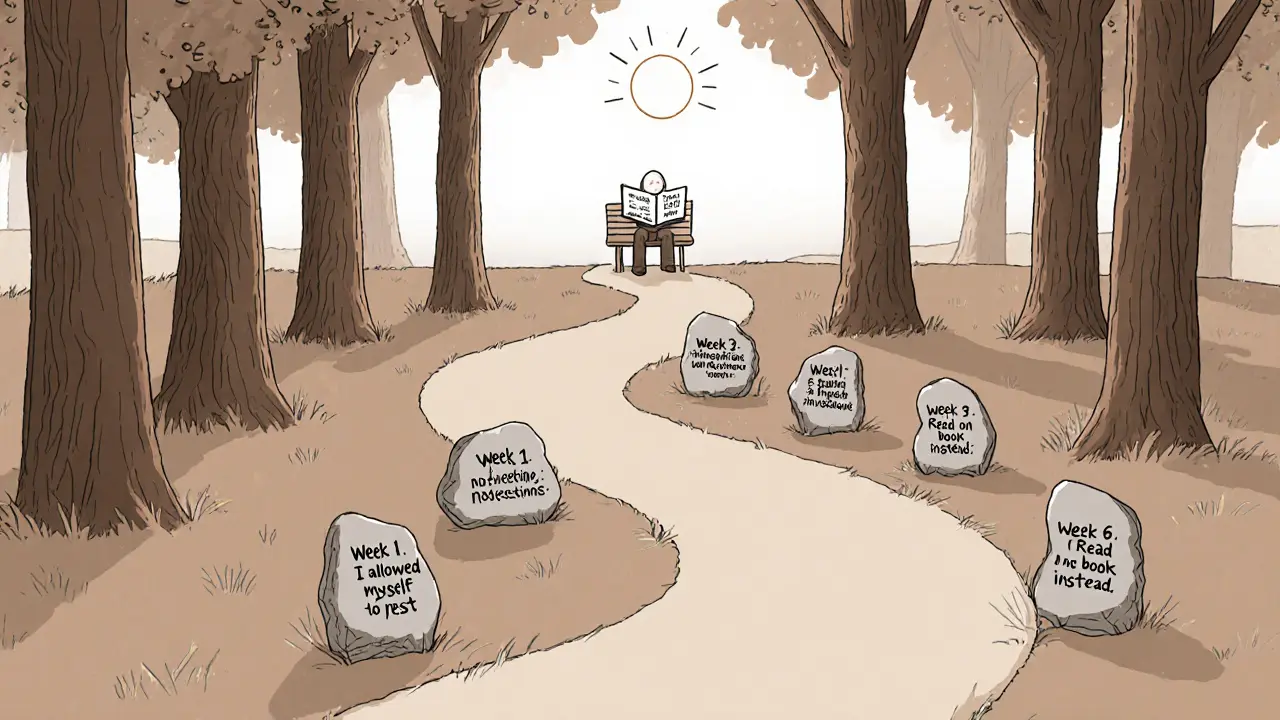 Cesta lesem s kameny označujícími milníky změny, končící klidnou osobou na lavičce.