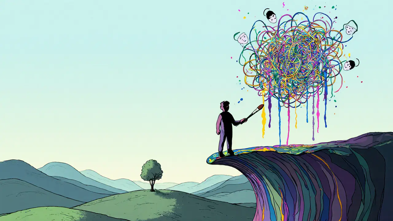 Člověk transformuje chaos myšlenek do klidné krajiny pomocí malířského štětce.