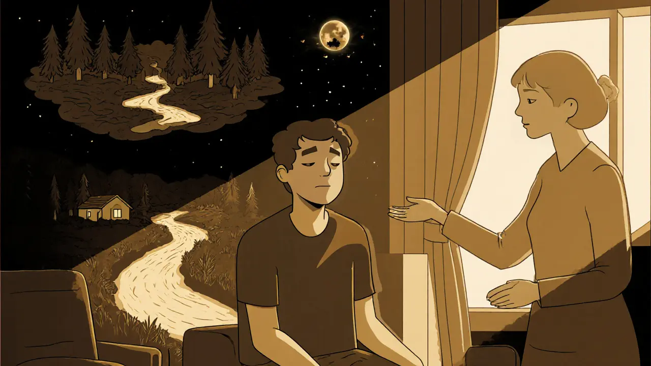 Člověk v terapii s očima zavřenými prožívá klidnou imaginaci pod vedením terapeuta.