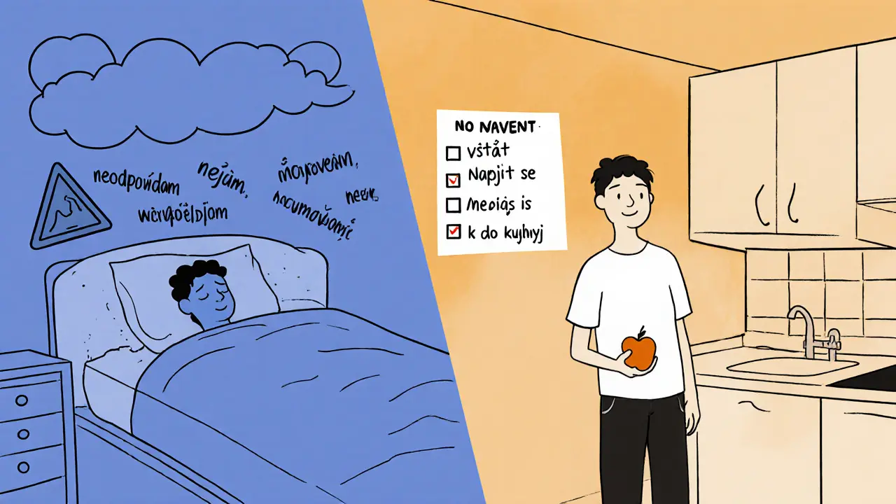 Dvě scény: osoba v krizi v posteli a stejná osoba, která jedlá jablko v kuchyni s jednoduchým seznamem.