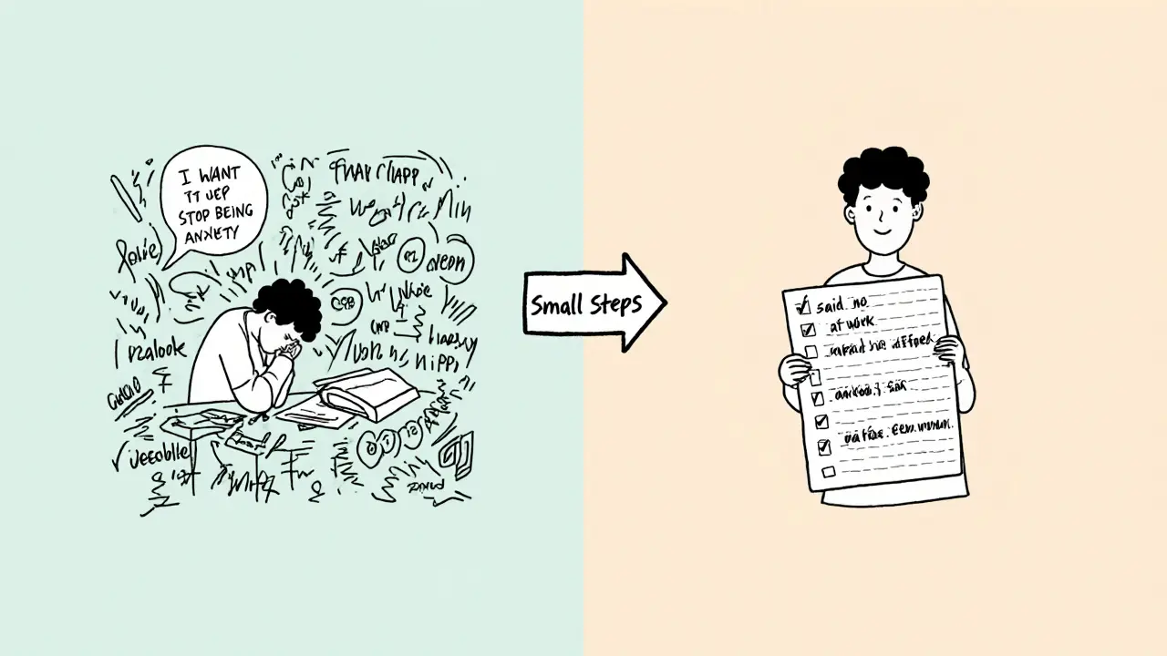 Dvě scény: vlevo chaos s vágními přáními, vpravo jasný denní deník s malými úspěchy.