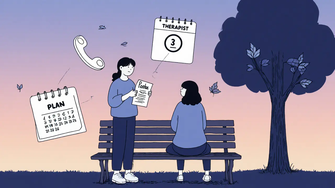 Osoba drží plán duševní pohody na lavičce s přítelem, kolem nich symboly podpory a času.