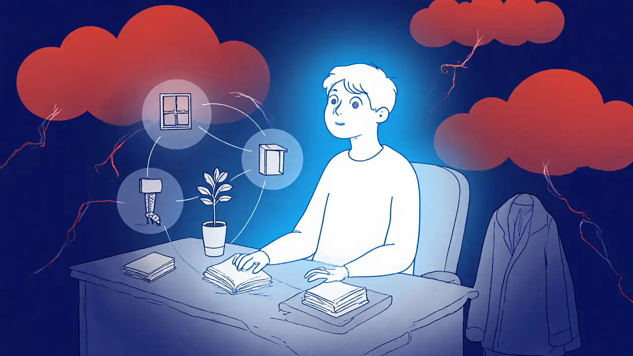 Osoba používá techniku zemědělení, zaměřuje se na pět věcí kolem sebe v terapeutické místnosti.