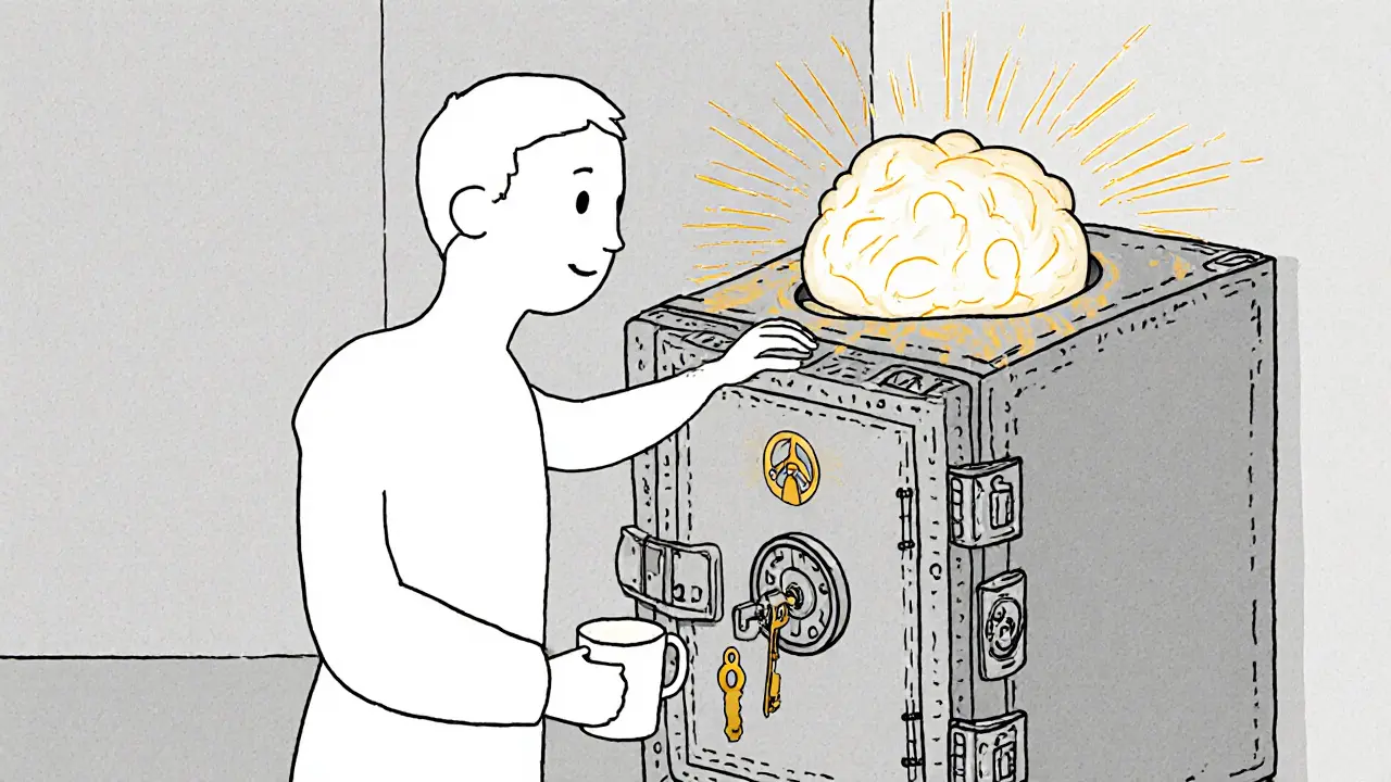 Osoba zavírá kovový trezor, do kterého ukládá těžké emoce, zatímco se dotýká teplé hrnku.