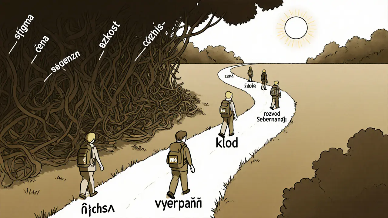 Cesta od stigmatu ke klidu přes symbolický český kraj, kde lidé postupně překonávají překážky.