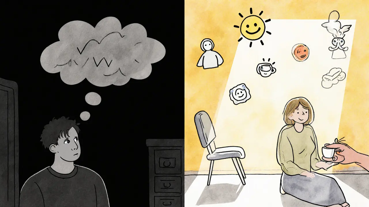 Člověk přechází z temnoty do světla s pozitivními symboly kolem sebe.