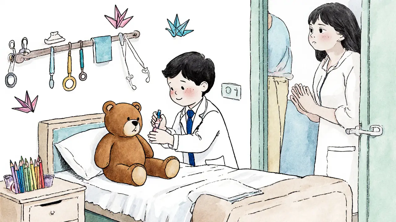 Dítě hraje lékaře a podává injekci plush medvědovi v terapeutické místnosti.