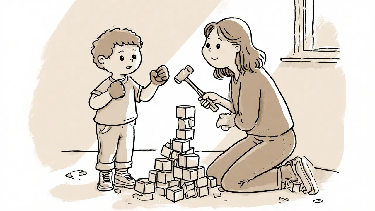 Dítě zničí věž z kousků a drží pěst s kladívkem v terapeutickém prostředí.