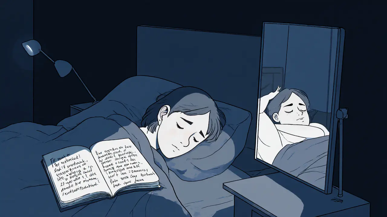 Dívka v temné místnosti, její odraz ukazuje autentickou, unavenou verzi sebe sama.