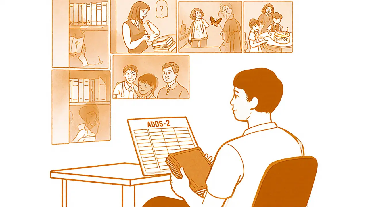 Dospělá žena s diagnostickým sešitem, její minulost se objevuje jako transparentní scény nad ní.