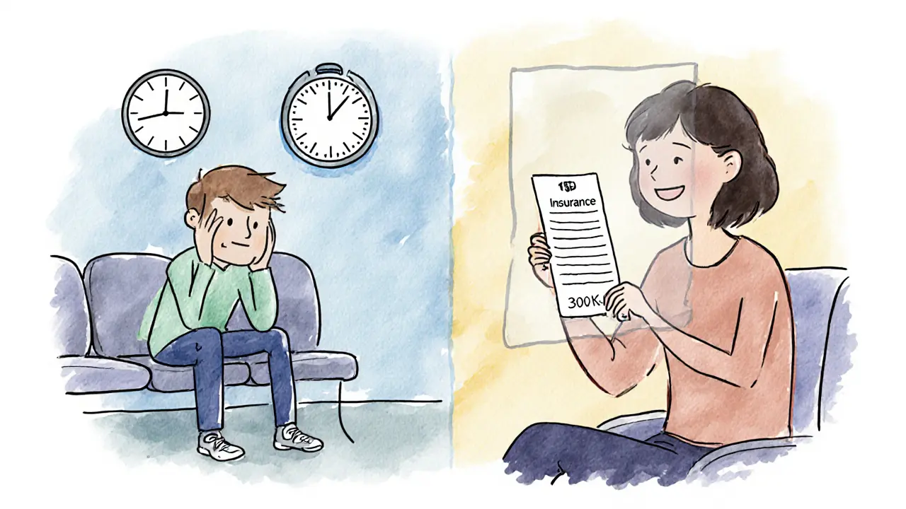 Dvě scény: čekání na terapii a soukromé sezení s doplatkem, znázorňující rozdíl mezi hrazenou a soukromou péčí.