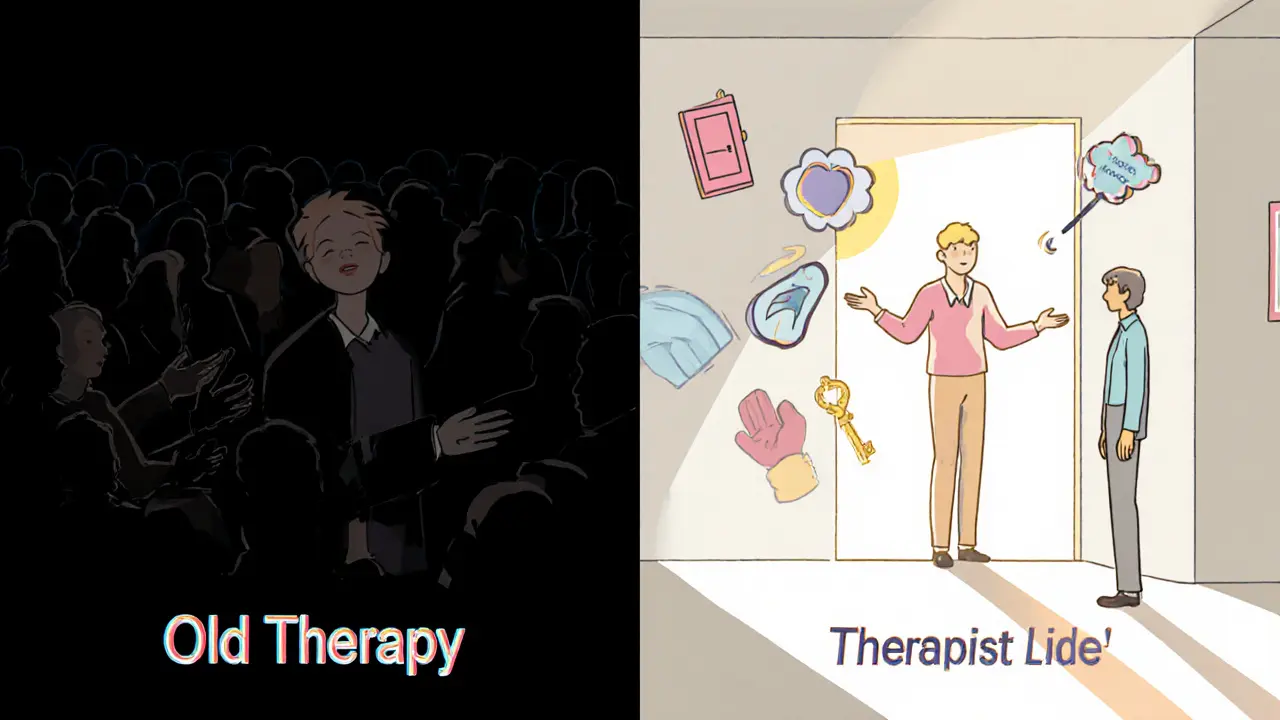 Dvě scény: vlevo temná, tlačivá atmosféra terapie, vpravo světlý prostor s symboly volby a důvěry.