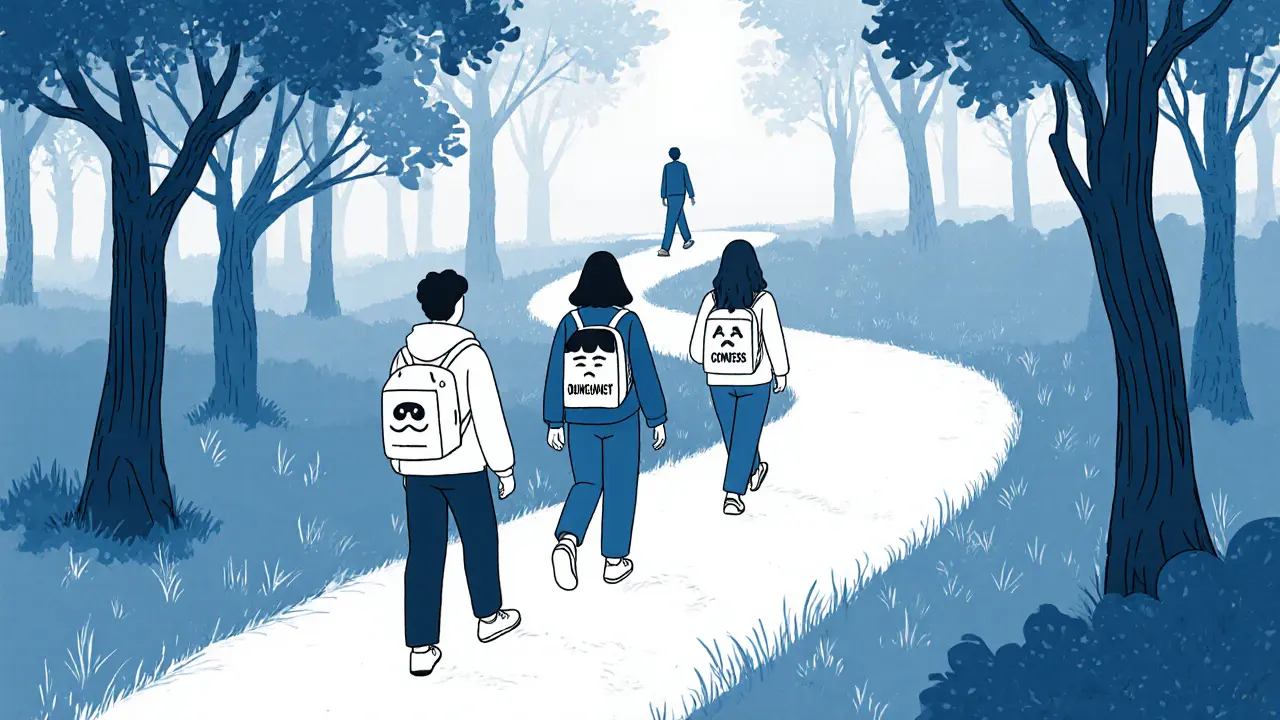 Lidé jdou cestou lesem s batohy plnými emocí, terapeut je sleduje, ale nevede je.