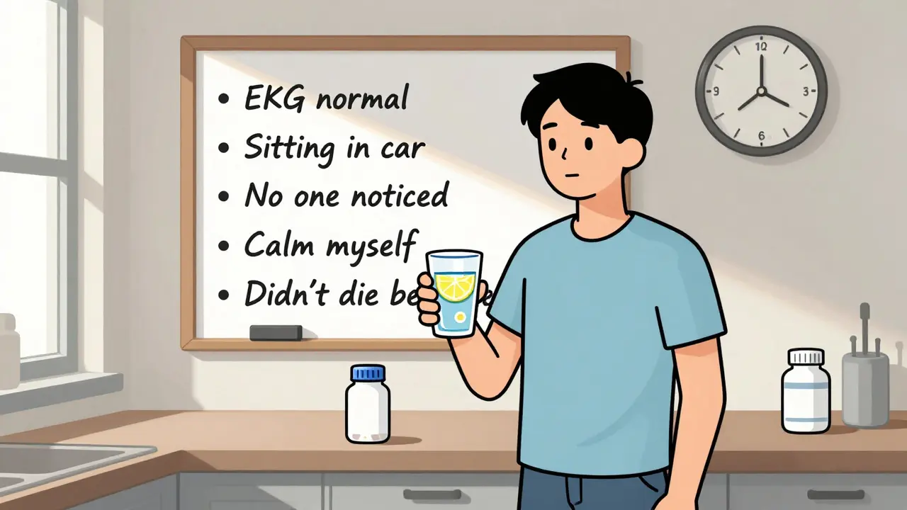 Osoba drží sklenici vody s citronem, za ní je tabule s důkazy, že záchvat nebyl nebezpečný.