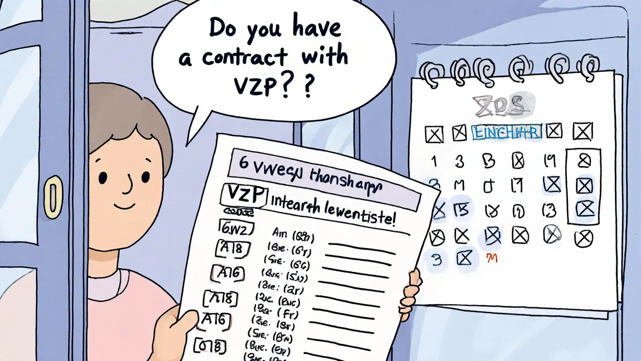 Osoba ověřuje smlouvu terapeuta s pojišťovnou, zatímco kalendář ukazuje dlouhou čekací dobu.