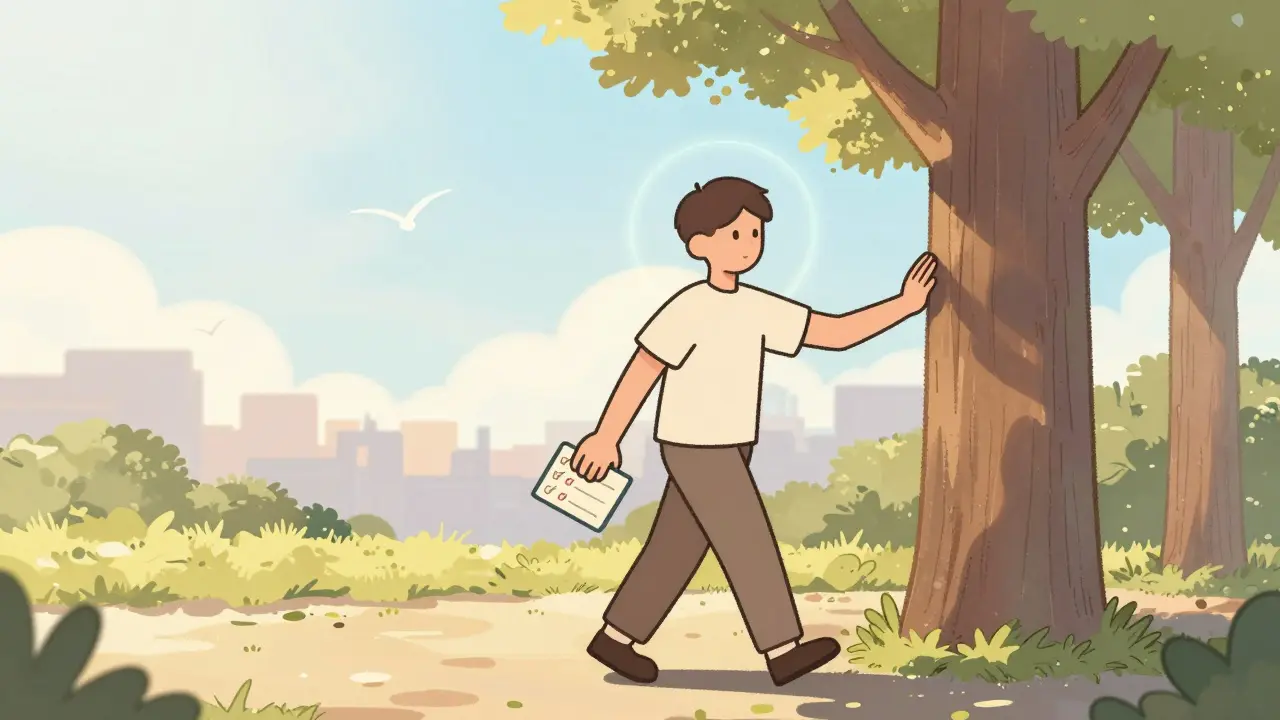 Osoba pomalu kráčí sluneční cestou, drží deník, kolem ní je klidná atmosféra přírody.