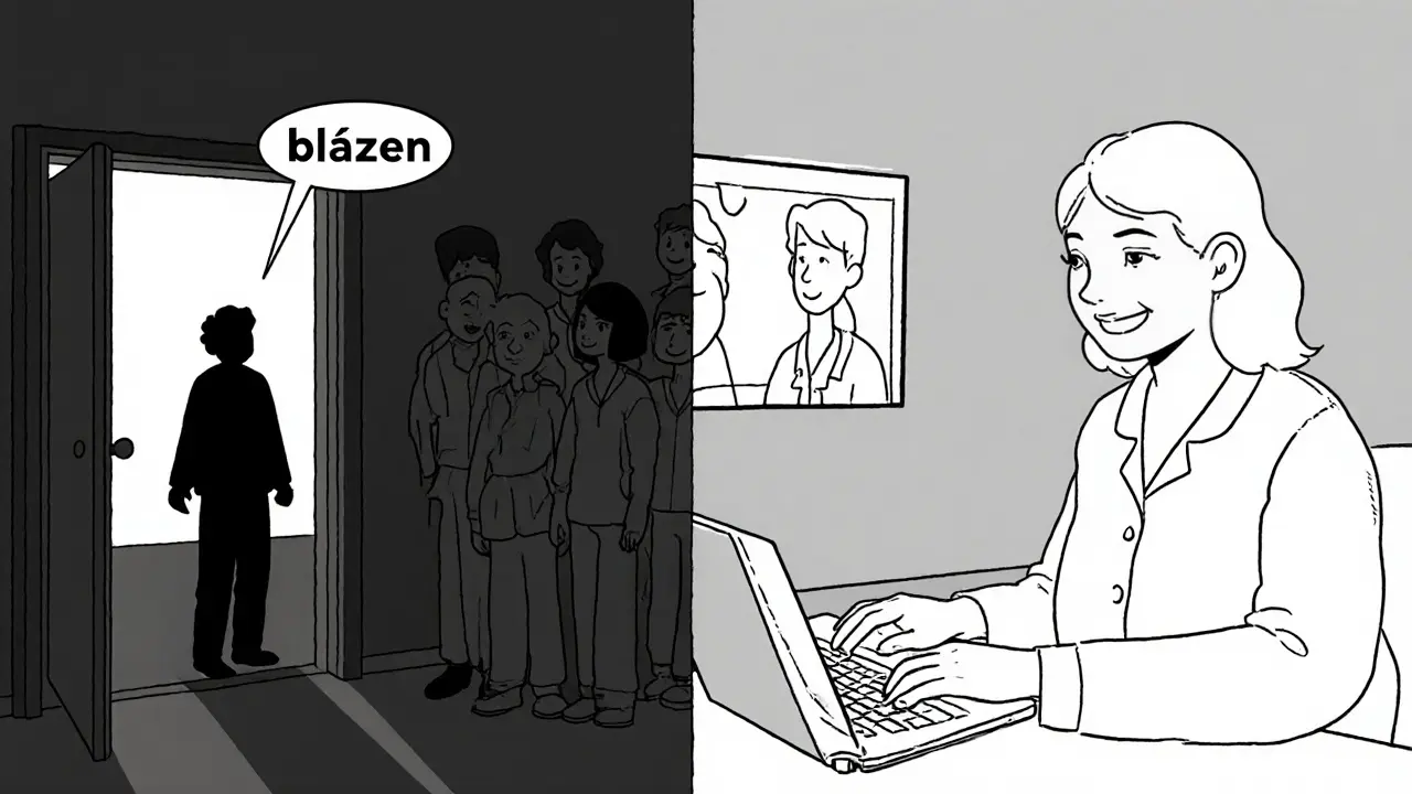 Osoba se rozhoduje mezi strachem před terapií a klidným online sezením doma.