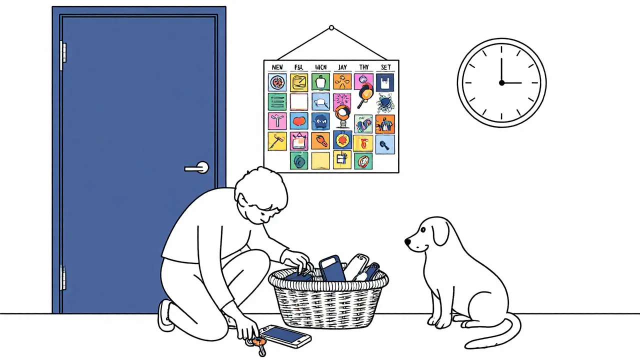 Osoba ukládá klíče a telefon do koše u dveří, na zdi visí vizuální plán dne s magnetickými ikonami.
