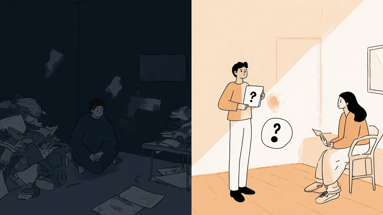 Přechod z temné, osamělé místnosti do osvětleného prostoru s terapeutou, symbolizující psychoterapii.