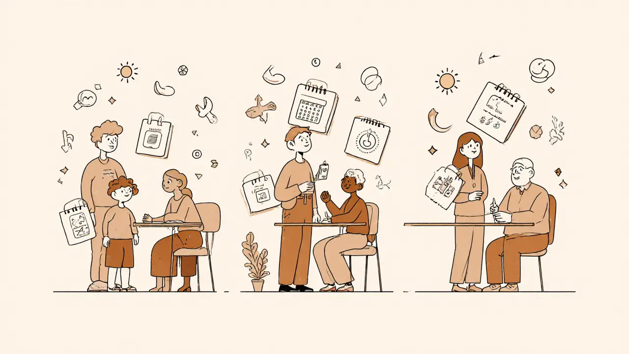 Různí lidé v různých prostředích sledují vizuální plány dne s ikonami, kolem nich plynou symboly času a stability.