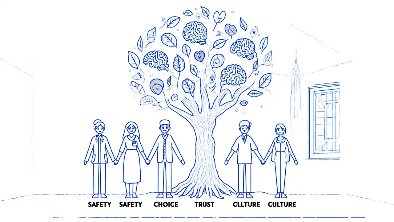 Skupina profesionálů drží ruce kolem stromu s kořeny označenými zásadami trauma-informed přístupu.