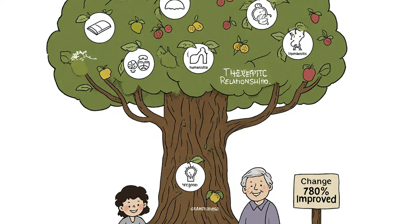 Strom s kořeny v terapeutickém vztahu a větvemi různých forem terapie.