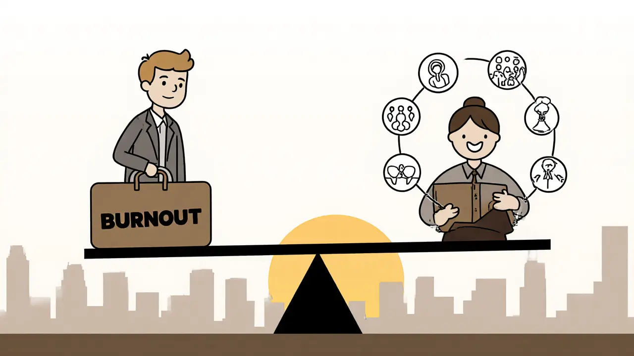 Váha symbolizuje stres proti podpoře duševního zdraví: terapie, flexibilní hodiny a týmové aktivity.