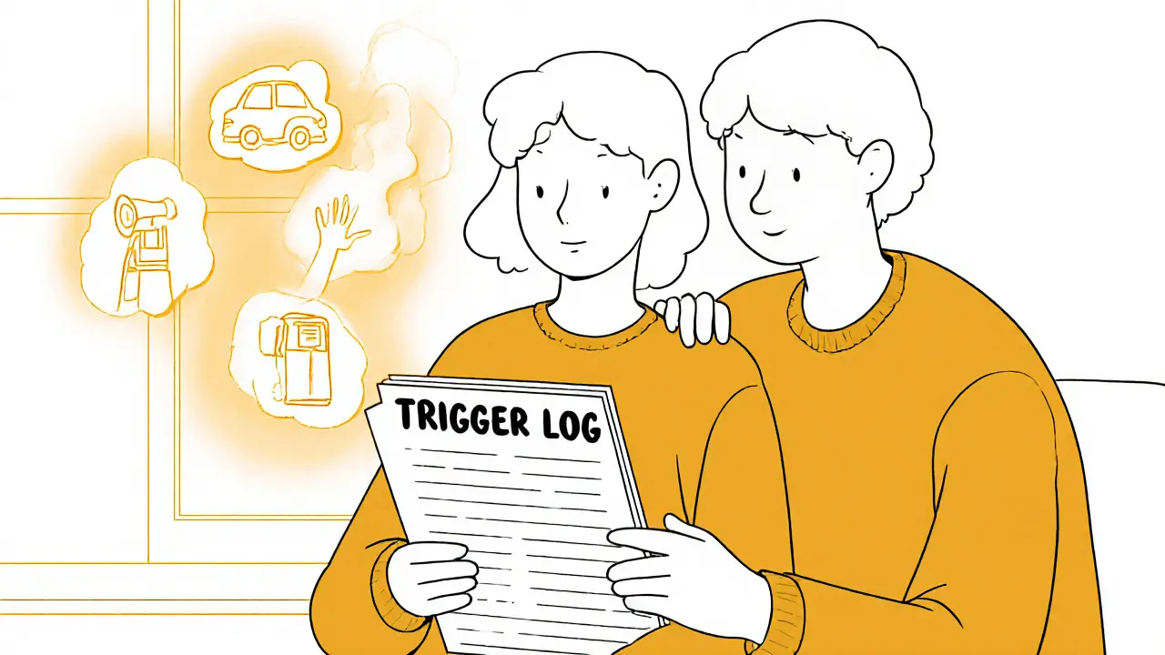 Člověk zapisuje trigger do deníku, vedle něj přítel tichou podporou pomáhá překonat traumu.