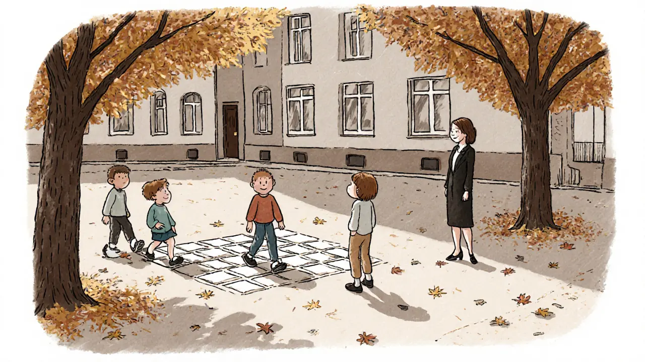 Dítě se zvažuje, jestli se připojit ke hře na školním nádvoří.