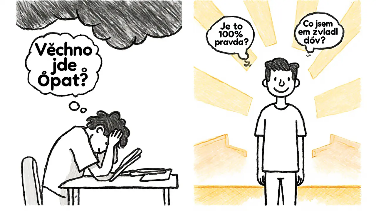 Dvě scény jedné osoby: jedna stresovaná, druhá klidná s přemýšlením o vlastní odolnosti