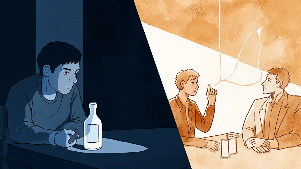 Dvě scény: osamělý člověk s alkoholem a stejný člověk v terapeutické skupině, spojený světelnou čárou.