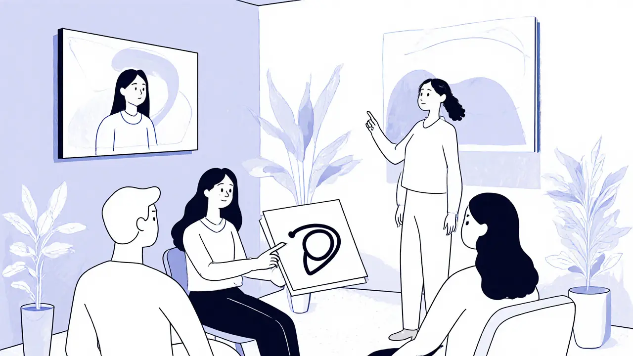 Hybridní skupinová terapie s fyzickými a digitálními účastníky, jeden ukazuje kresbu černé křivky.