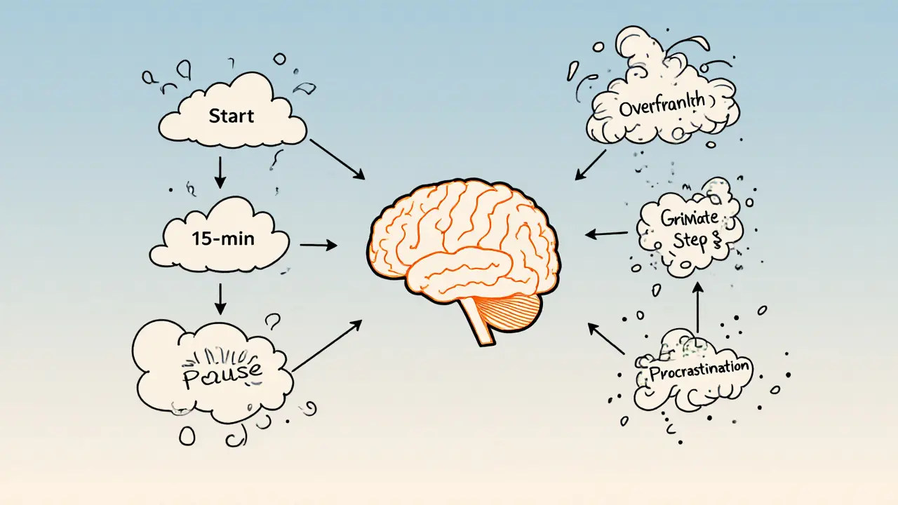 Mozek s rozsvícenou přední částí, kde jednoduchý cyklus kroků přeměňuje chaos na klid, stylizovaný jako vysvětlující nákres.