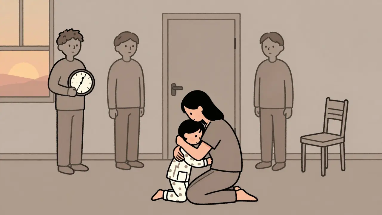 Osoba objímá svou dětskou verzi, kolem ní symbolické postavy z traumatu.