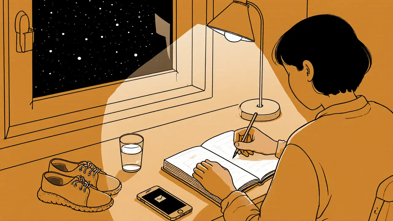 Osoba píše do deníku večer u okna, vedle ní voda, boty a telefon — klidná atmosféra