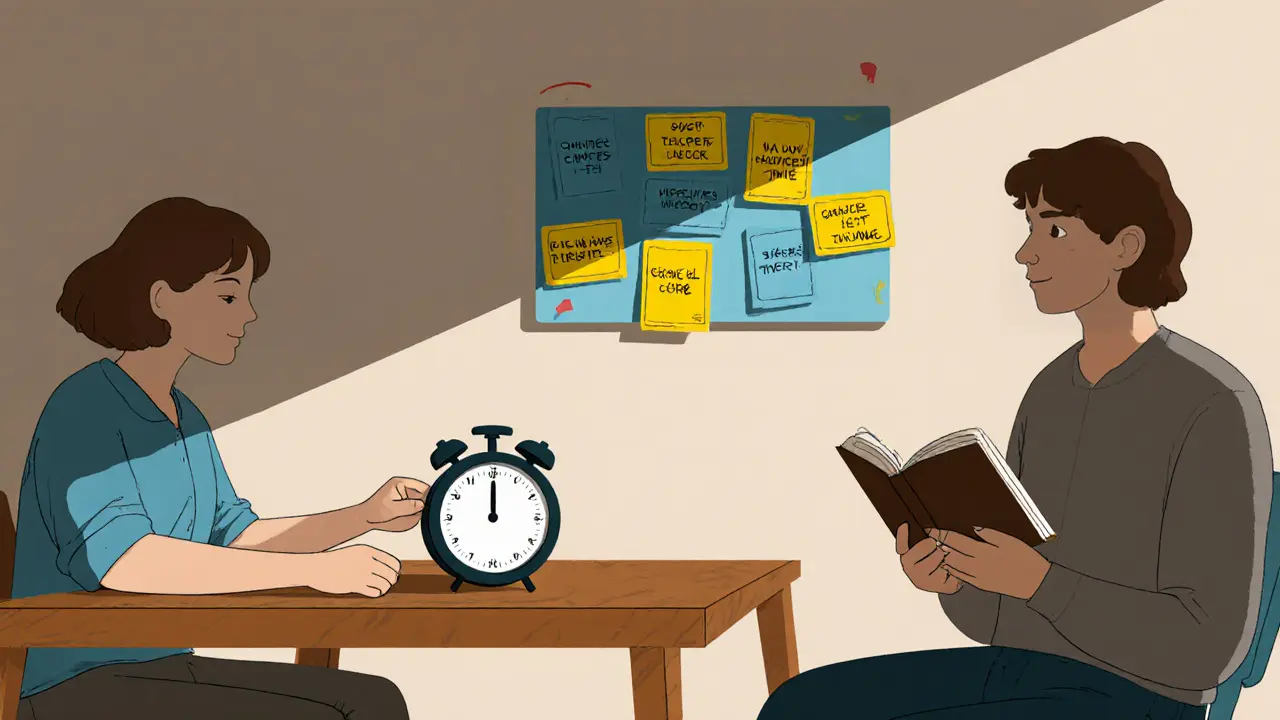 Osoba používá fyzický časovač, vedle ní sedí tichý partner, na zdi jsou barevné karty s úkoly — klidná, podporující scéna.