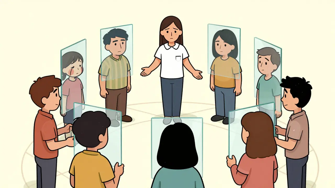 Skupina lidí drží zrcadla, která odrazují různé části jejich identity.