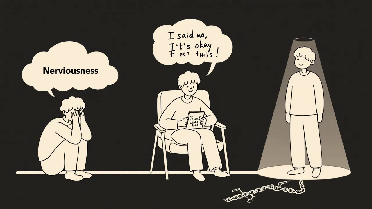 Časová osa ukazující přechod od úzkosti k přijetí sebe sama, s notebookem a rozbitým řetězem.