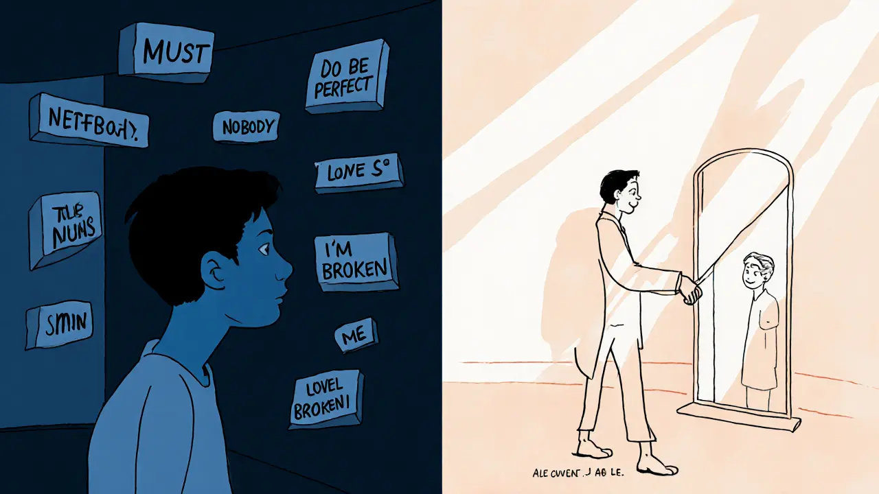 Dvě scény: jedna s negativními myšlenkami, druhá s odrazem v zrcadle pod vedením terapeuty.