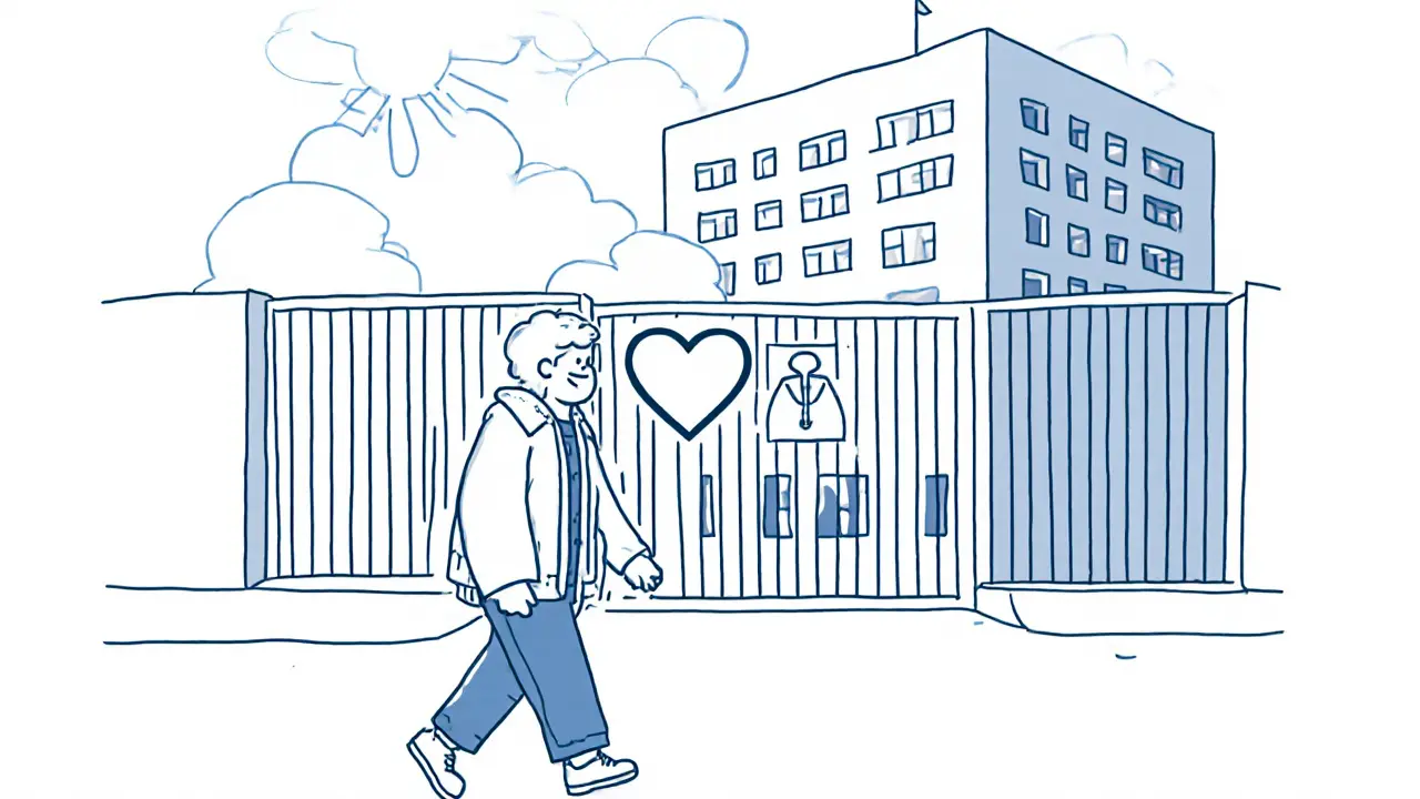 Pacientka pomalu kráčí ven z nemocnice na jaře, slunce osvětluje její cestu zpět k životu.