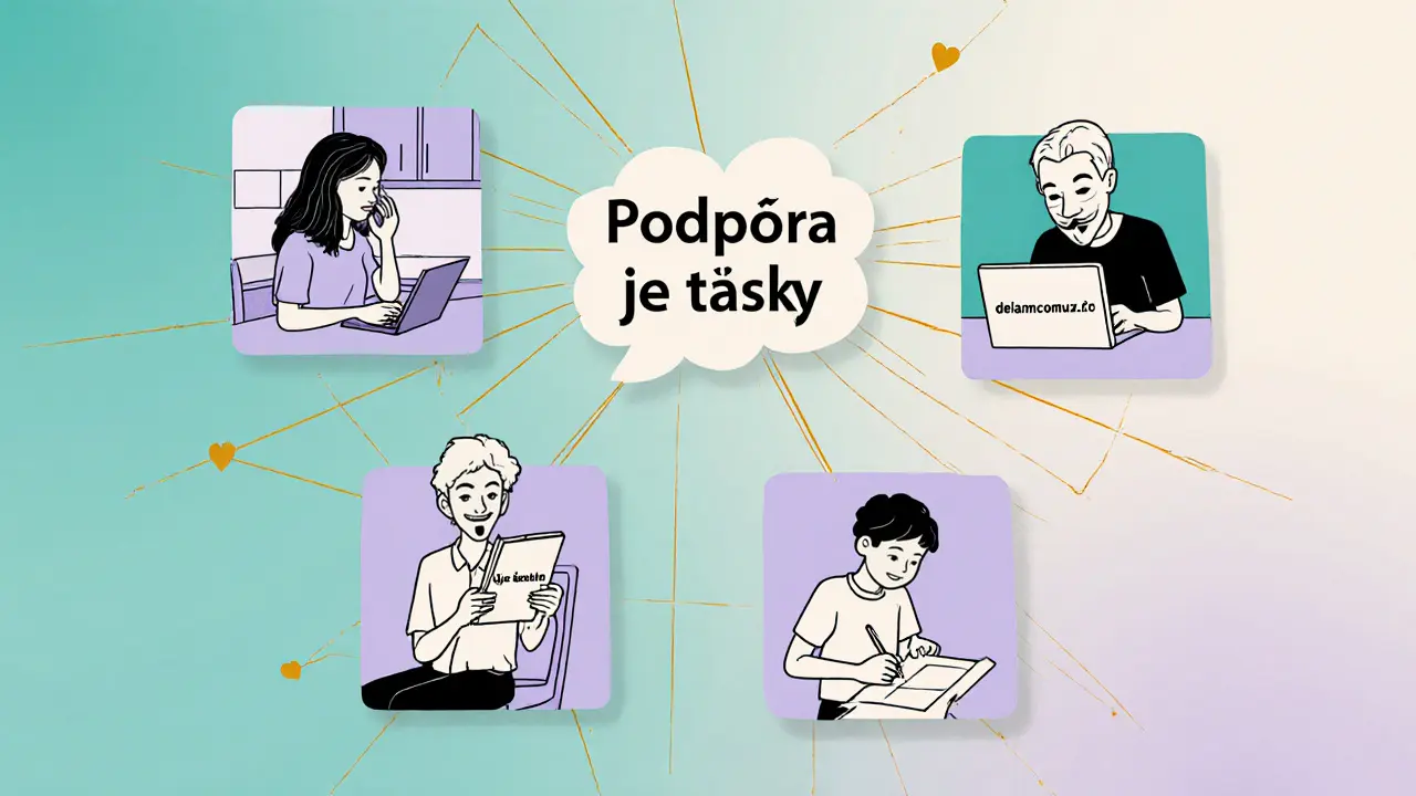 Různí lidé v různých situacích používají podporové služby: telefon, počítač a aplikaci, spojené zlatými linkami.