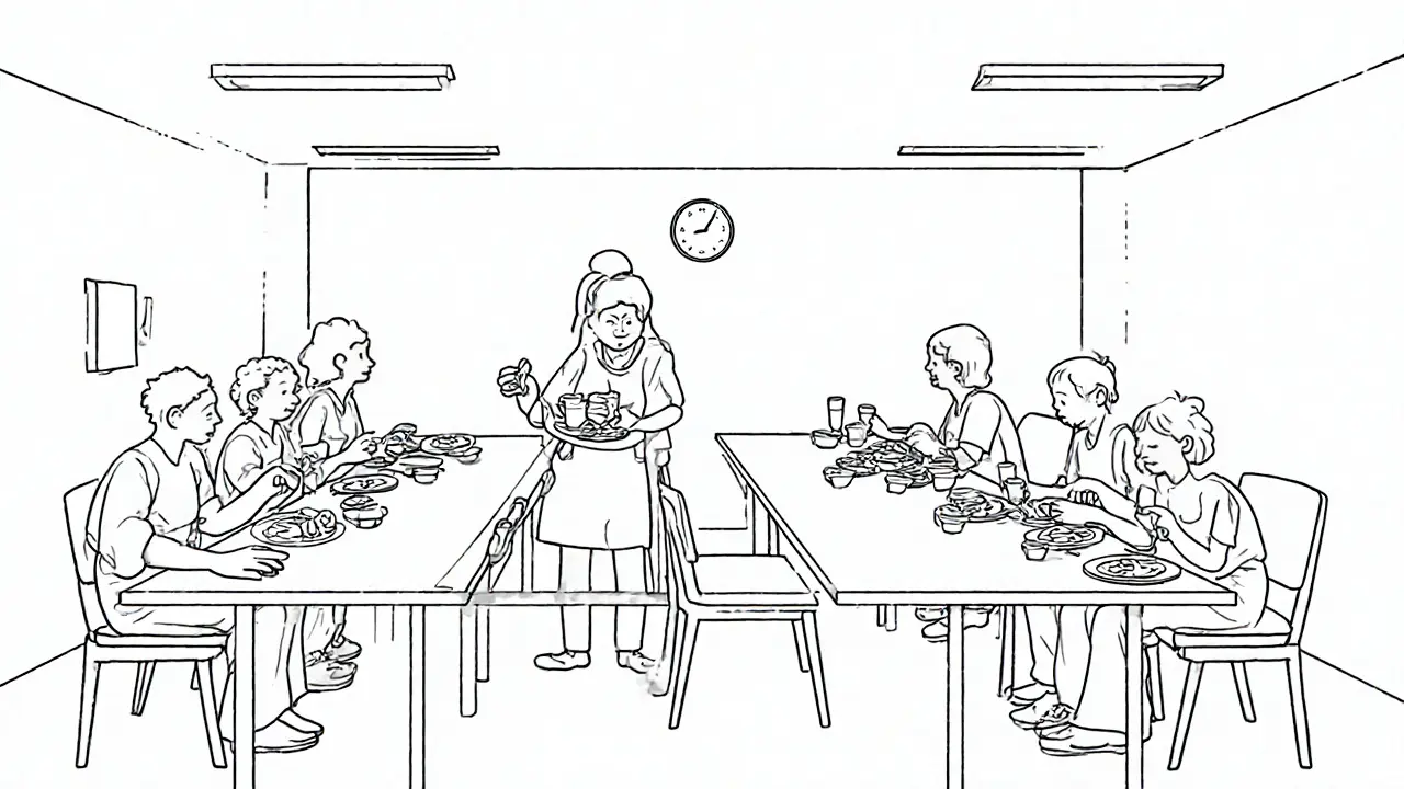 Skupina pacientek jí v nemocnici přesně odměřené porce pod dohledem terapeuta.