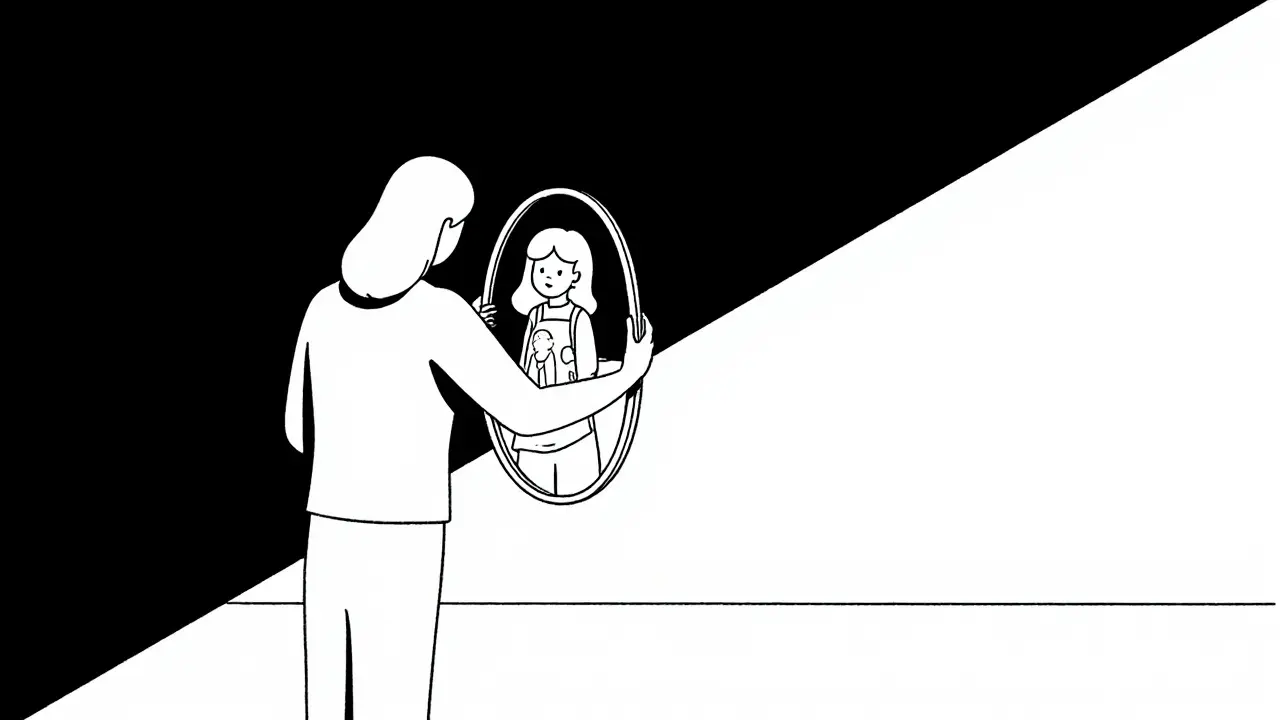 Terapeut drží zrcadlo, které odrazí dětství klienta, zatímco on sám zůstává neutrální postava.