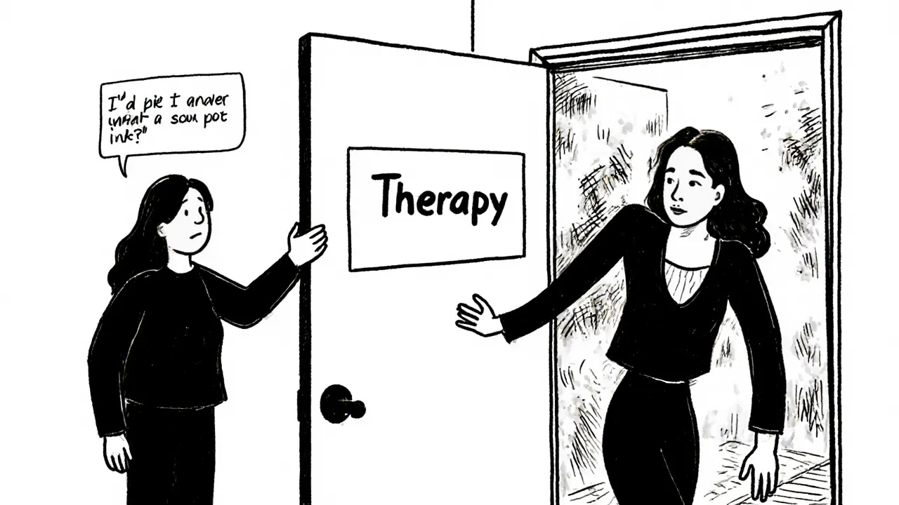 Terapeut uzavírá dveře terapie, zatímco klient snaží komunikovat mimo sezení.